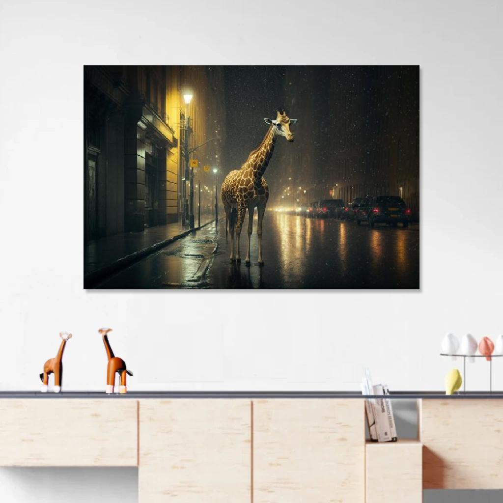Tableau Girafe Nuit Pluvieuse au dessus d'un meuble bas