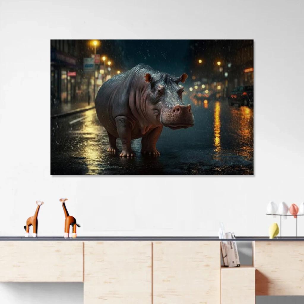Tableau Hippopotame Nuit Pluvieuse au dessus d'un meuble bas