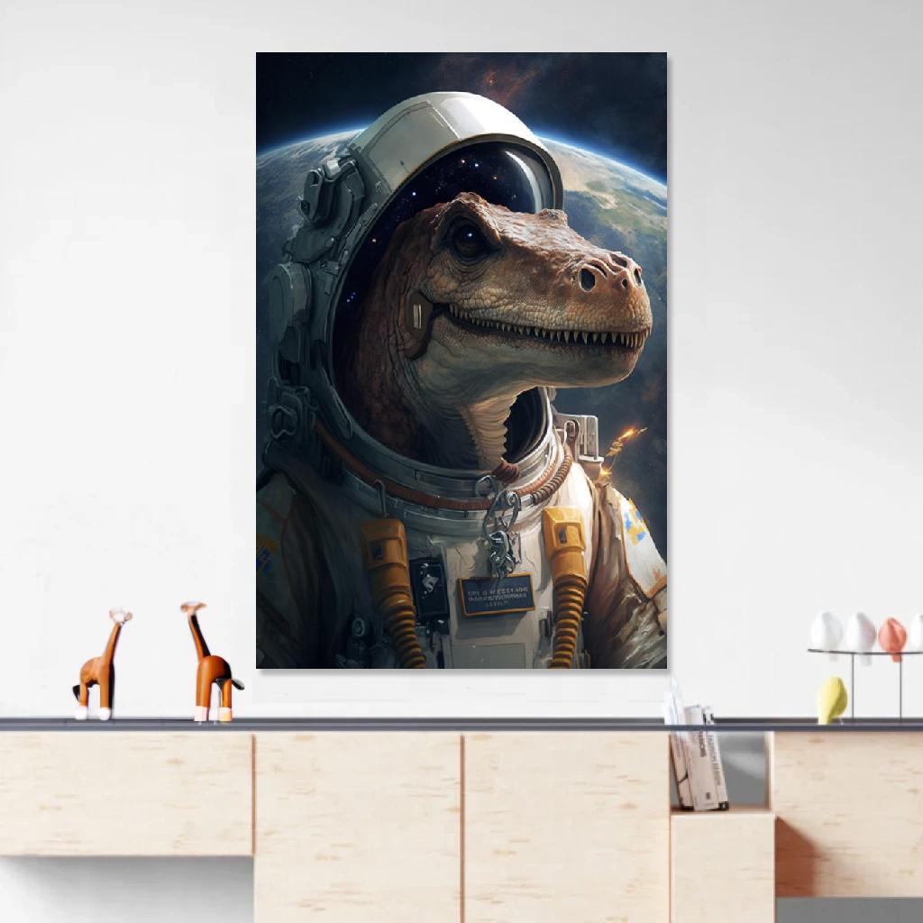Tableau Dinosaure Astronaute au dessus d'un meuble bas