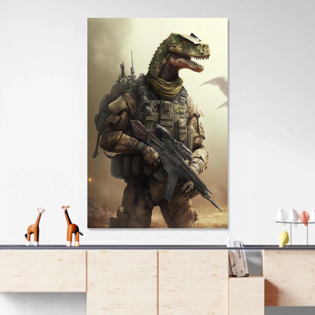 Tableau Dinosaure Soldat au dessus d'un meuble bas