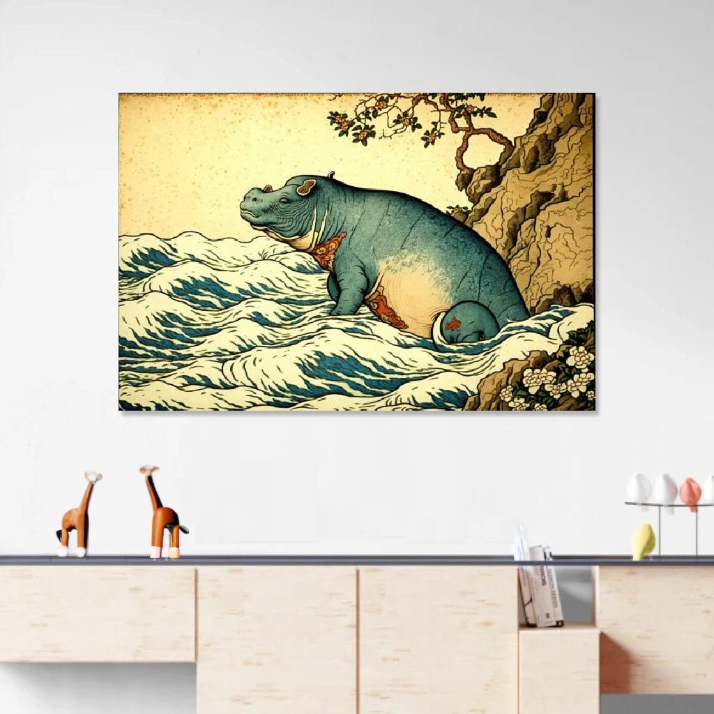 Tableau Hippopotame Ukiyo-e au dessus d'un meuble bas
