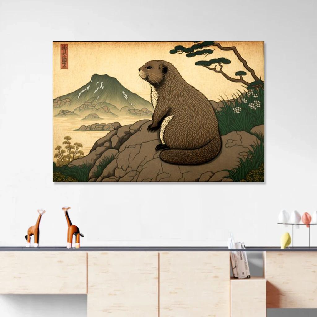 Tableau Marmotte Ukiyo-e au dessus d'un meuble bas