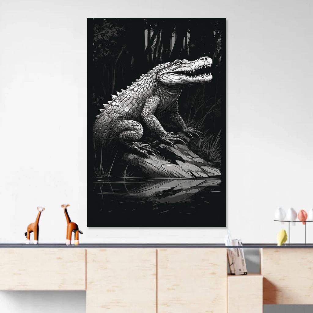 Tableau Crocodile Monochrome au dessus d'un meuble bas