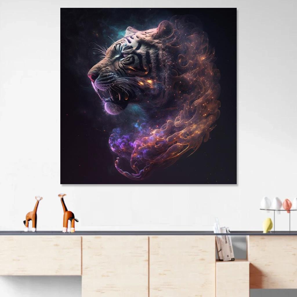 Tableau Tigre Galaxie au dessus d'un meuble bas