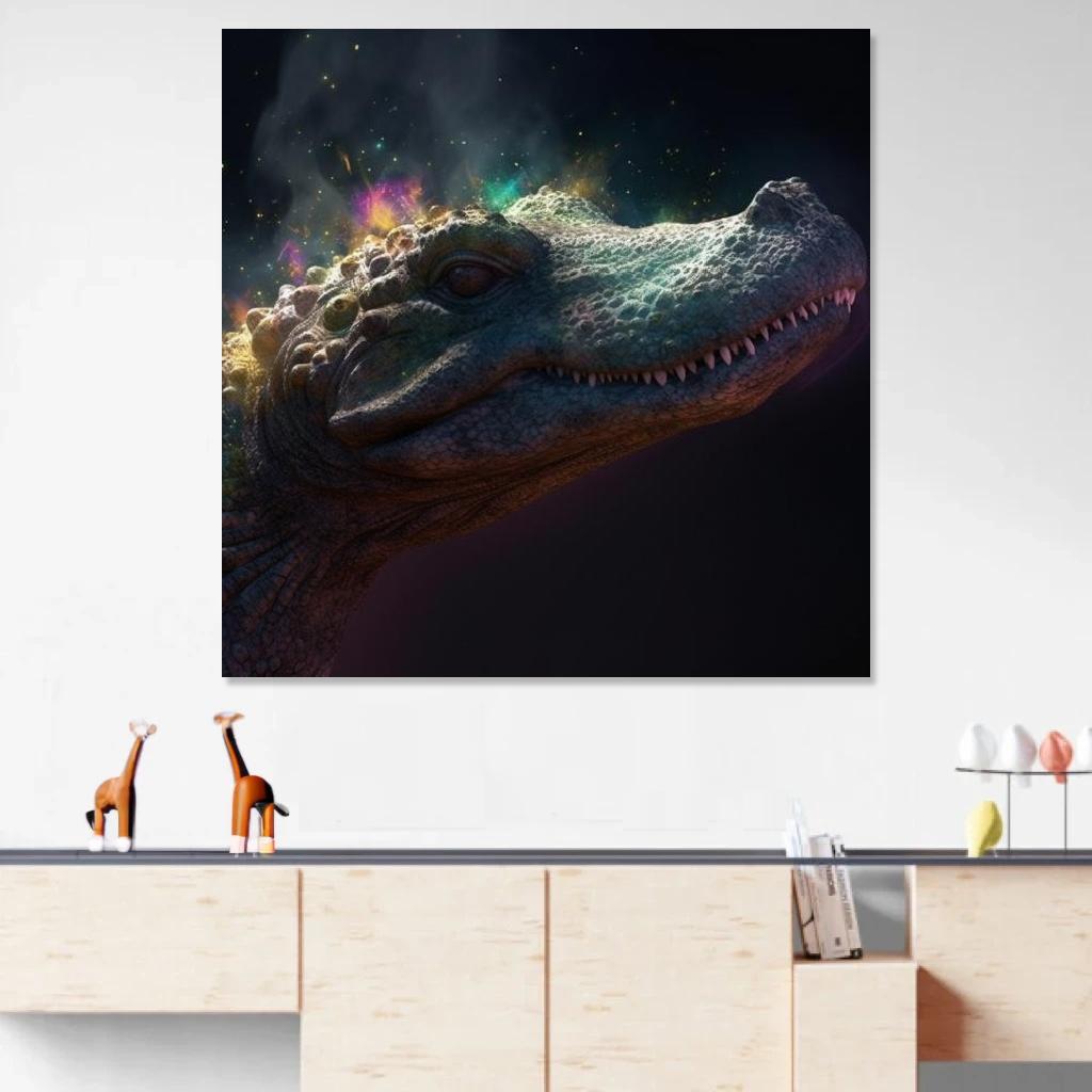 Tableau Crocodile Galaxie au dessus d'un meuble bas