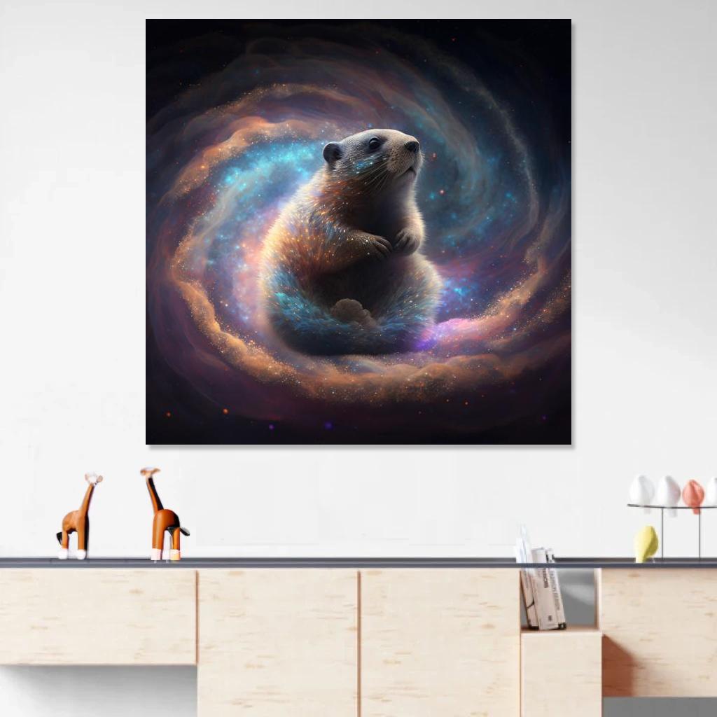Tableau Marmotte Galaxie au dessus d'un meuble bas