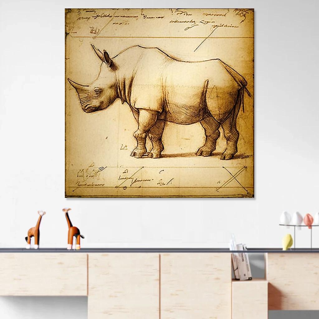 Tableau Rhinocéros Léonard De Vinci au dessus d'un meuble bas