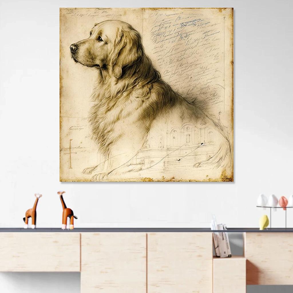 Tableau Golden retriever Léonard De Vinci au dessus d'un meuble bas