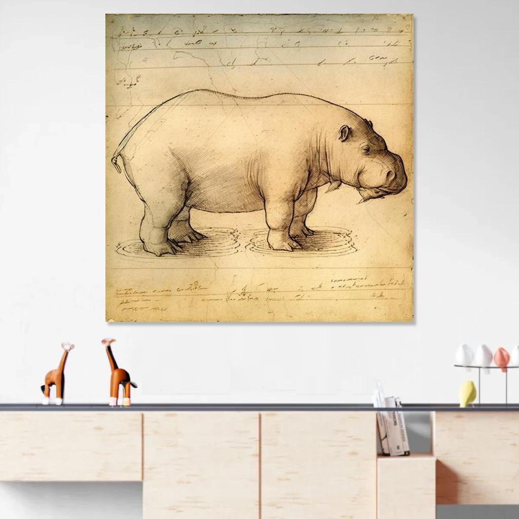 Tableau Hippopotame Léonard De Vinci au dessus d'un meuble bas