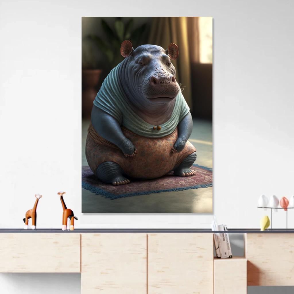 Tableau Hippopotame Yoga au dessus d'un meuble bas