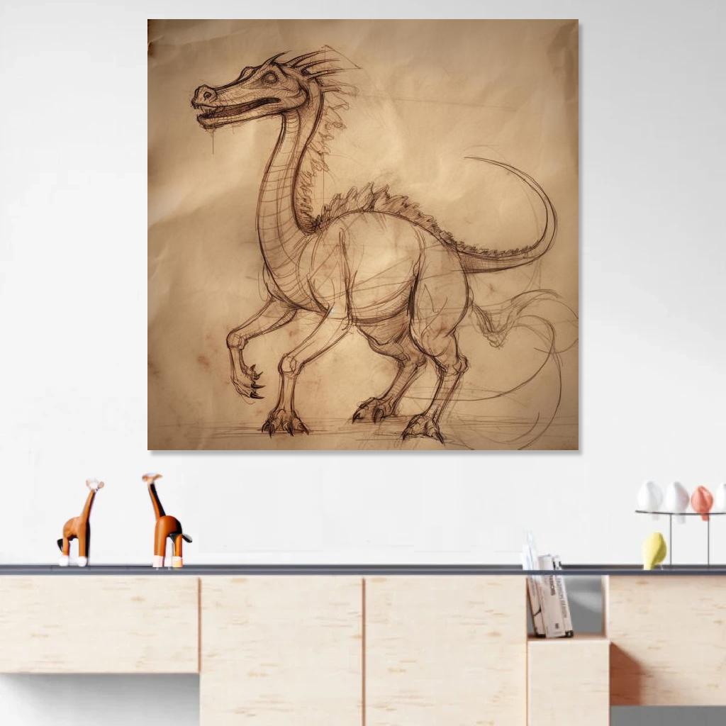 Tableau Dinosaure Léonard De Vinci au dessus d'un meuble bas