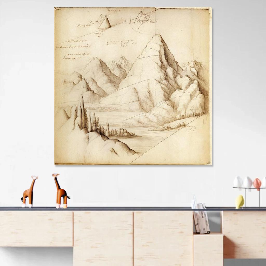 Tableau Montagne Léonard De Vinci au dessus d'un meuble bas