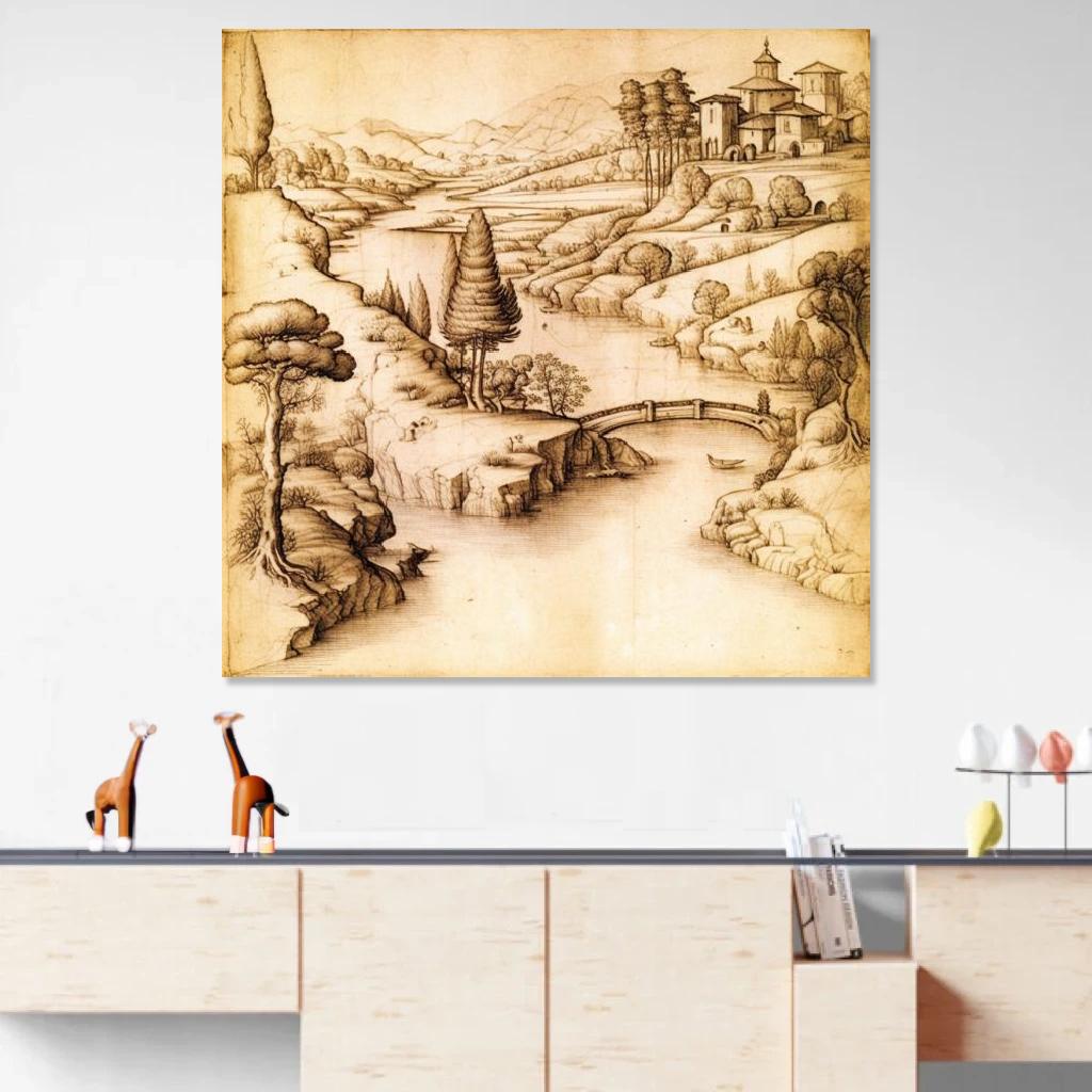 Tableau Rivière Léonard De Vinci au dessus d'un meuble bas