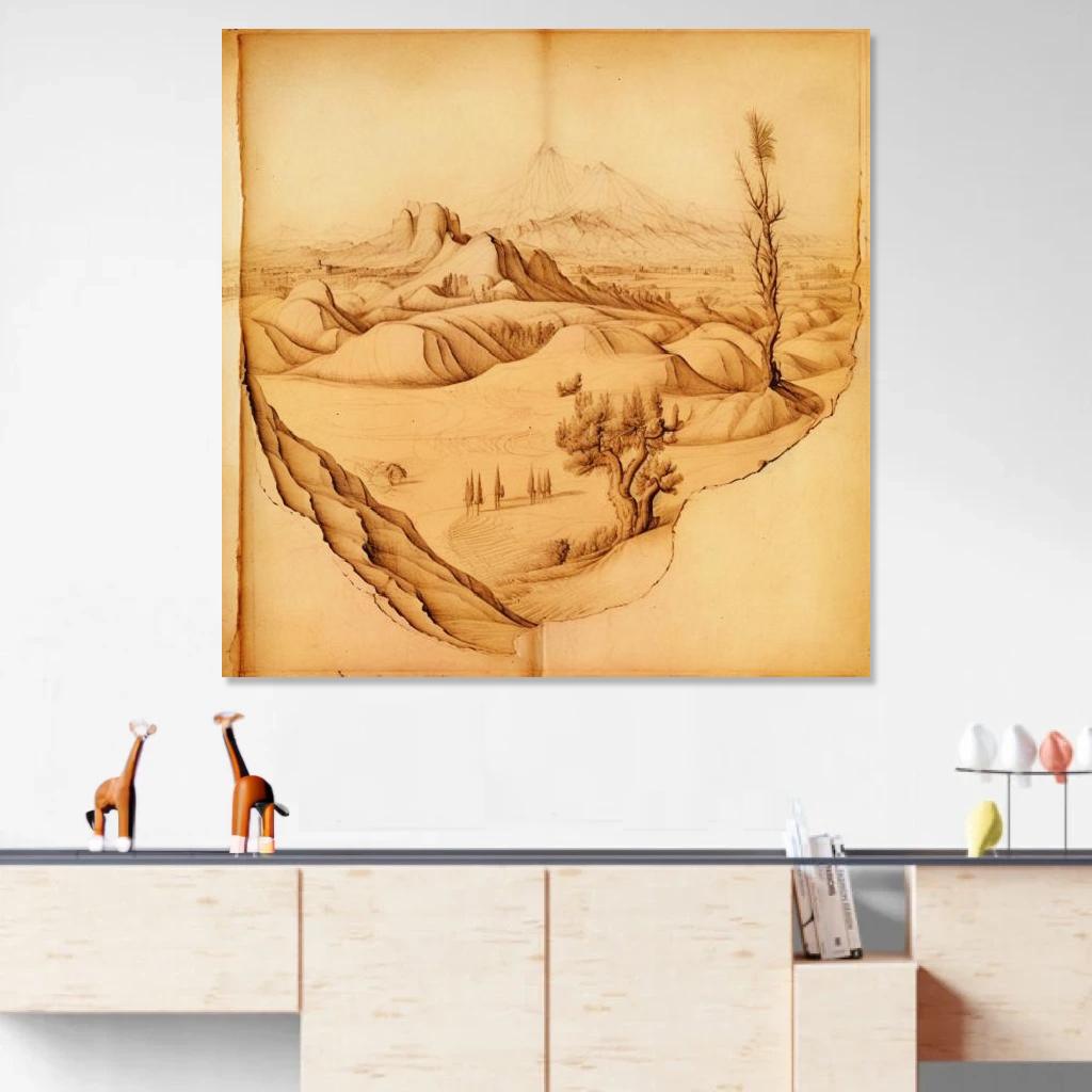 Tableau Désert Léonard De Vinci au dessus d'un meuble bas