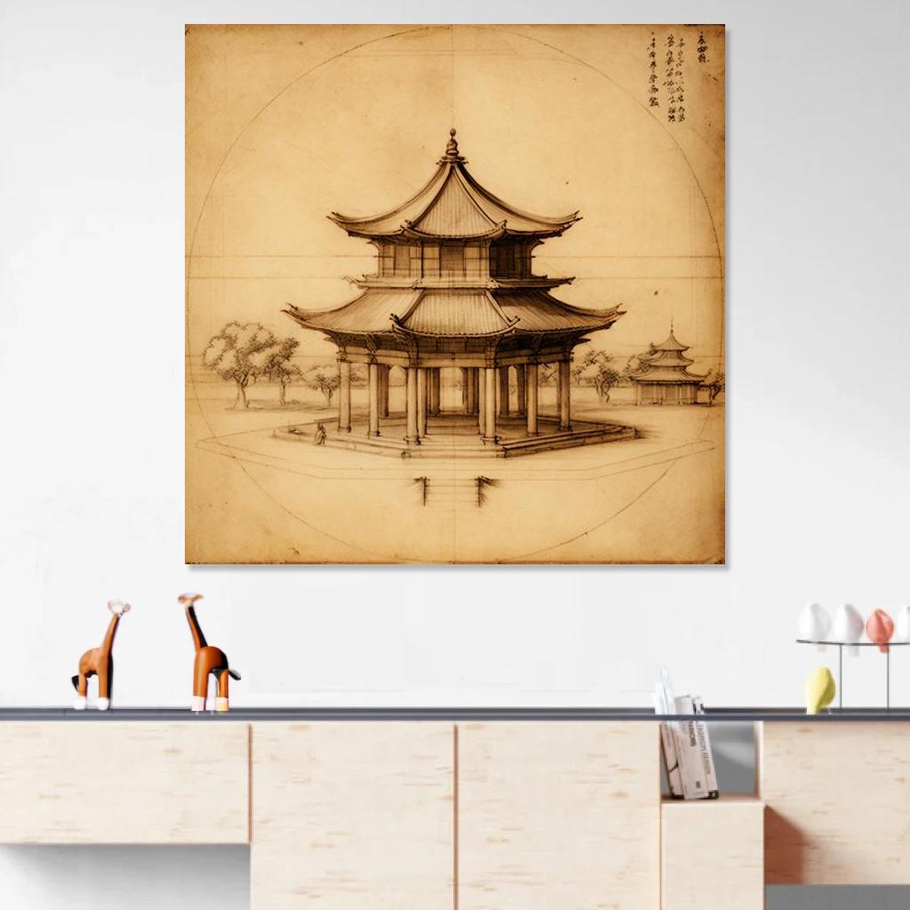 Tableau Temple bouddhiste Léonard De Vinci au dessus d'un meuble bas