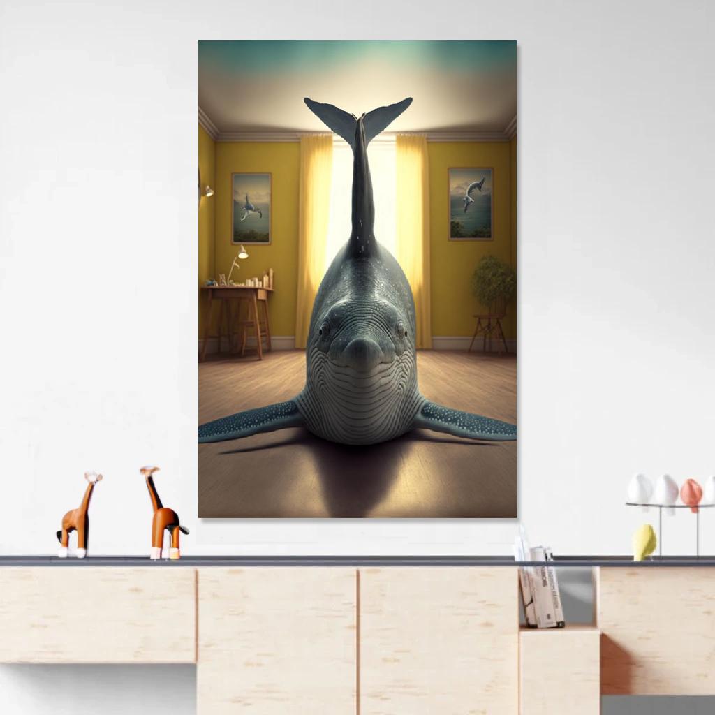 Tableau Baleine Yoga au dessus d'un meuble bas