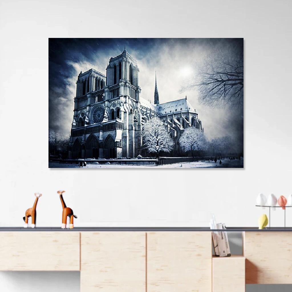 Tableau Cathédrale Notre-Dame de Paris Hiver au dessus d'un meuble bas