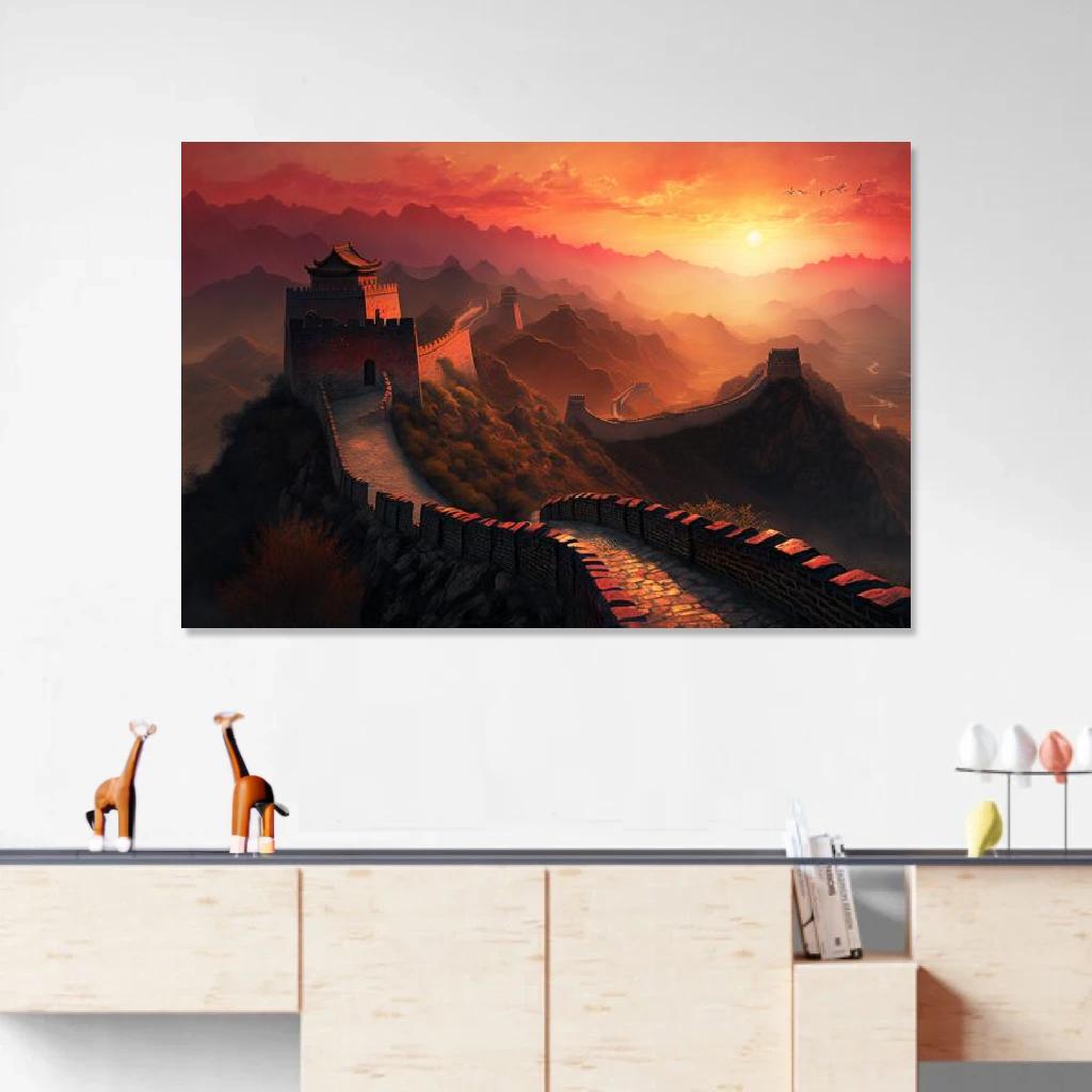 Tableau La Grande Muraille de Chine Coucher De Soleil au dessus d'un meuble bas