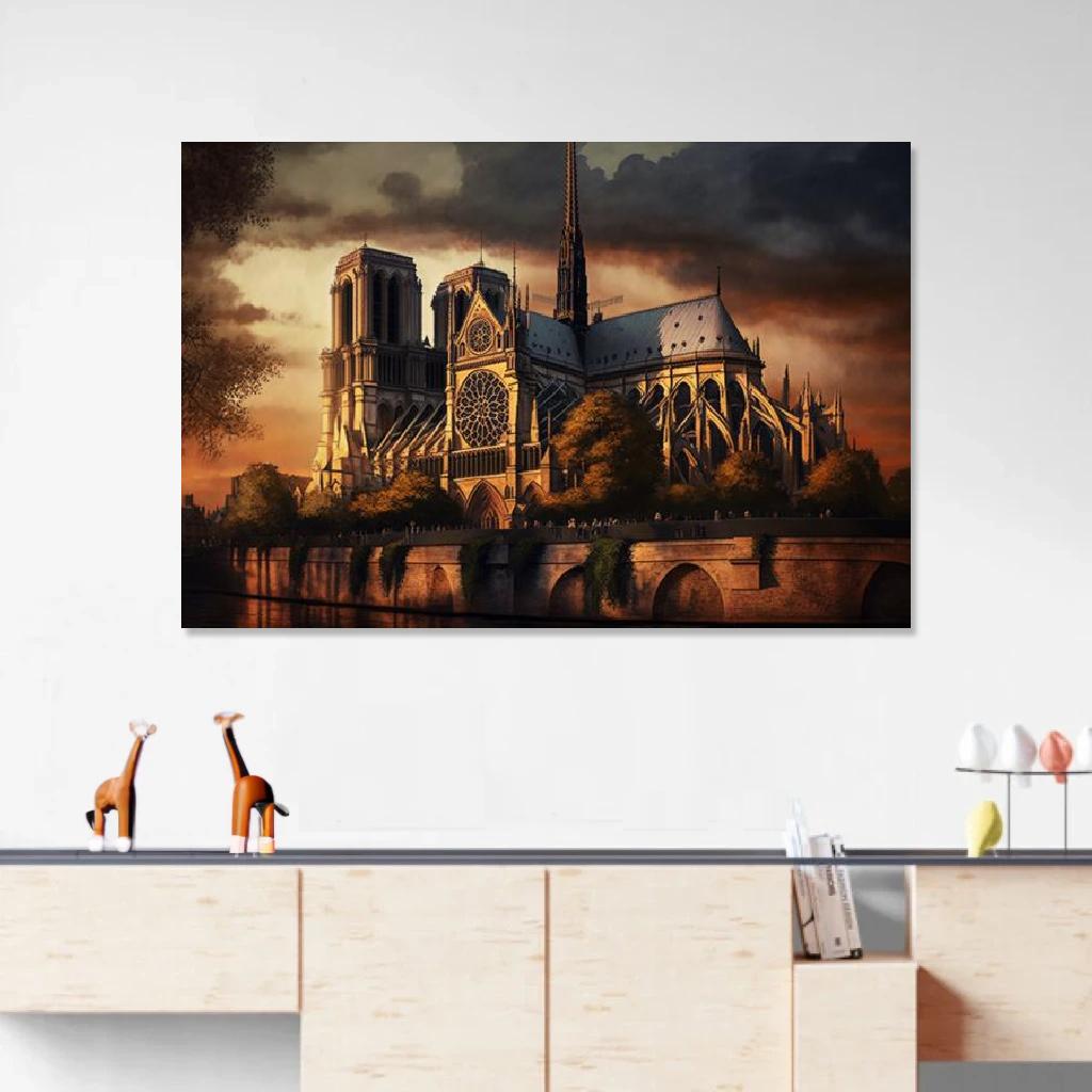Tableau Cathédrale Notre-Dame de Paris Coucher De Soleil au dessus d'un meuble bas