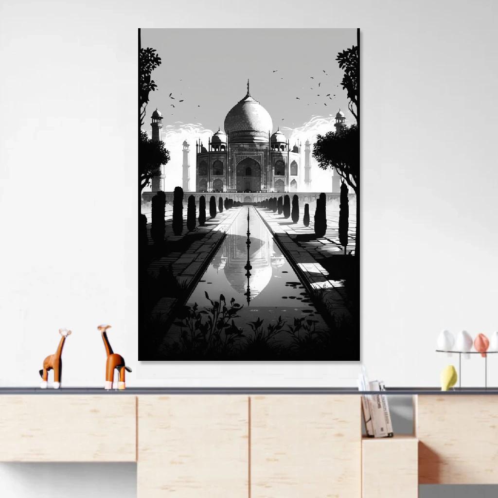 Tableau Taj Mahal Monochrome au dessus d'un meuble bas