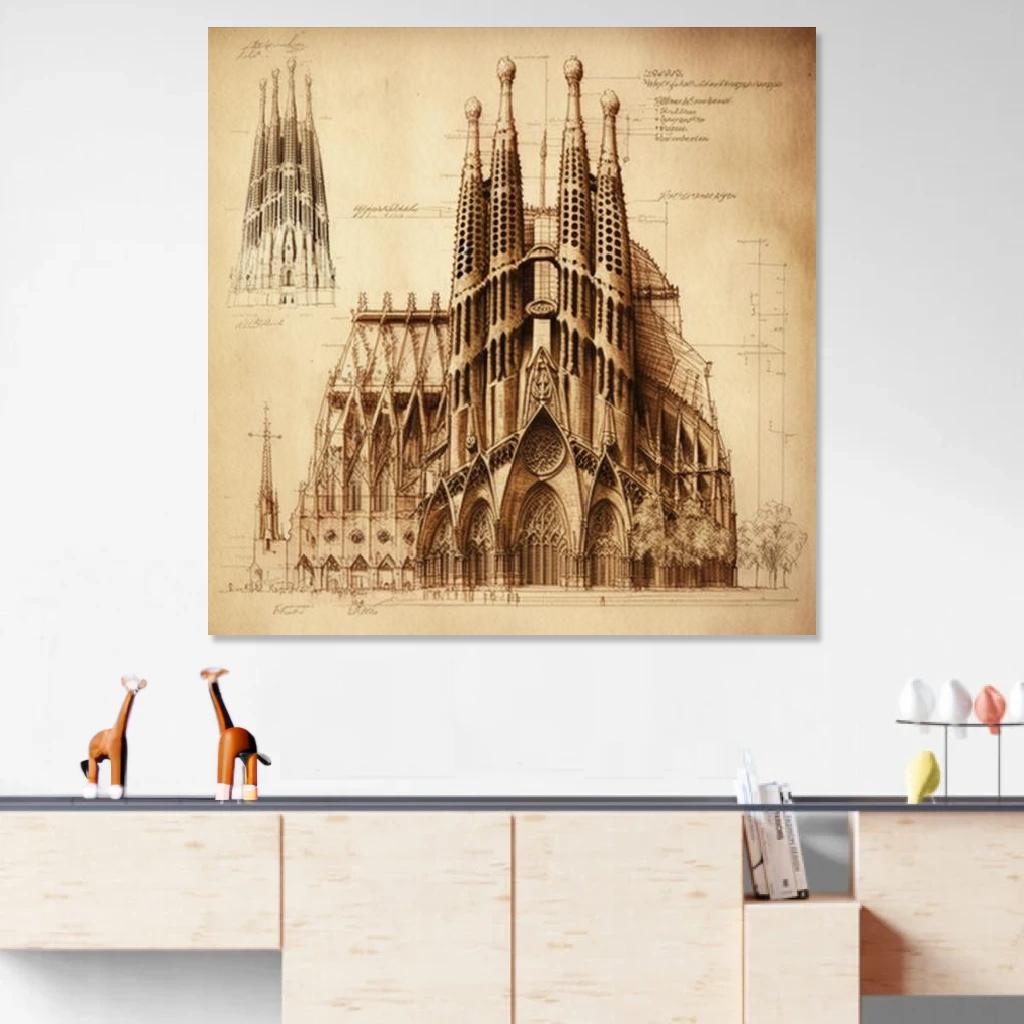 Tableau Sagrada Familia Léonard De Vinci au dessus d'un meuble bas