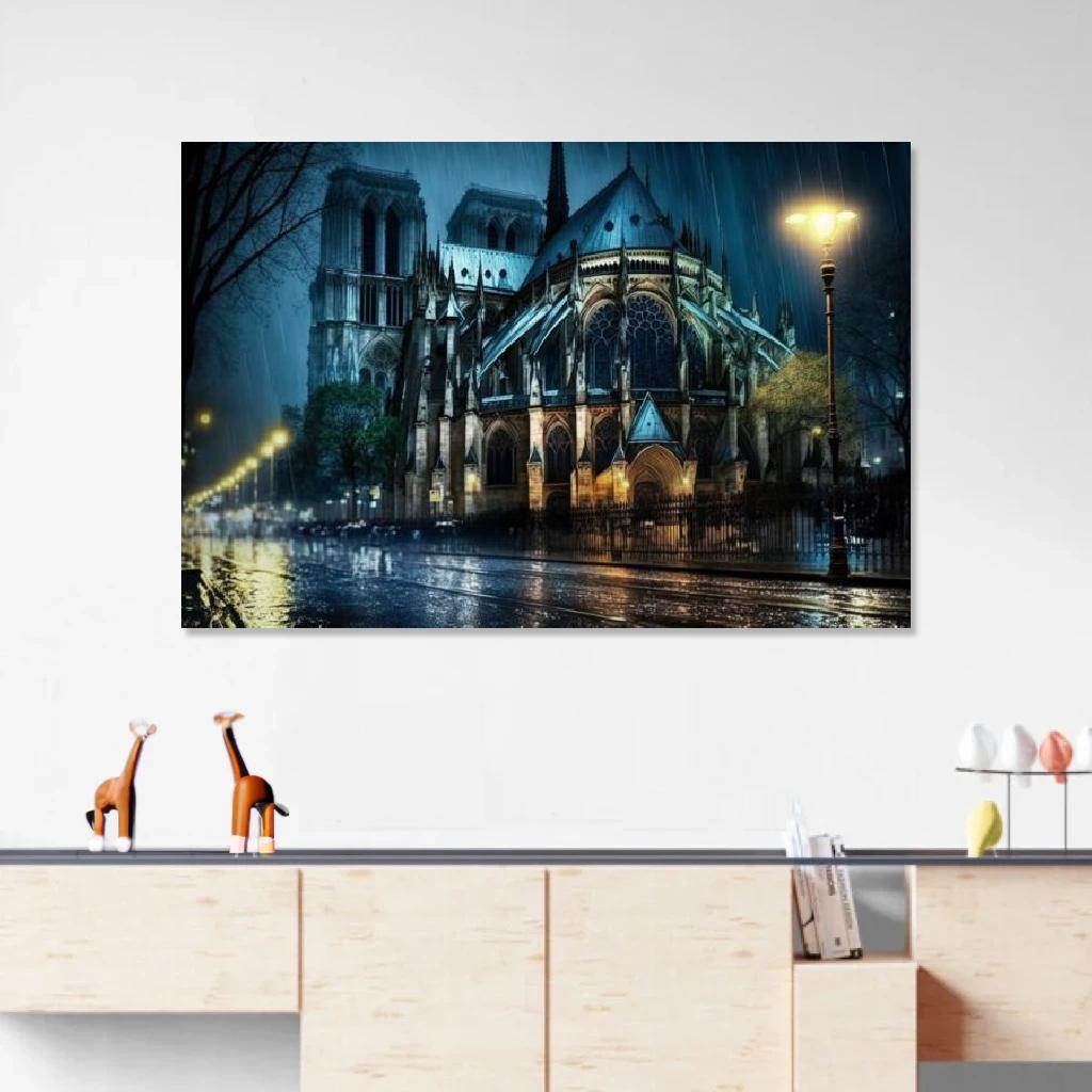 Tableau Cathédrale Notre-Dame de Paris Nuit Pluvieuse au dessus d'un meuble bas