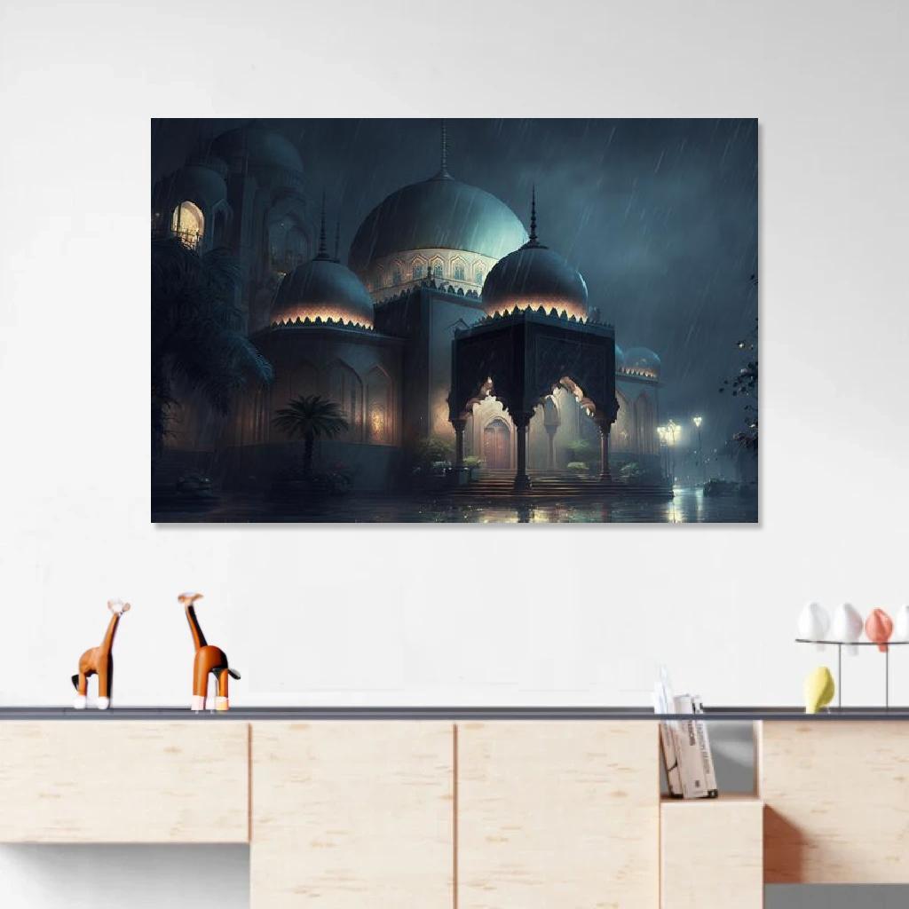 Tableau Mosquée Nuit Pluvieuse au dessus d'un meuble bas