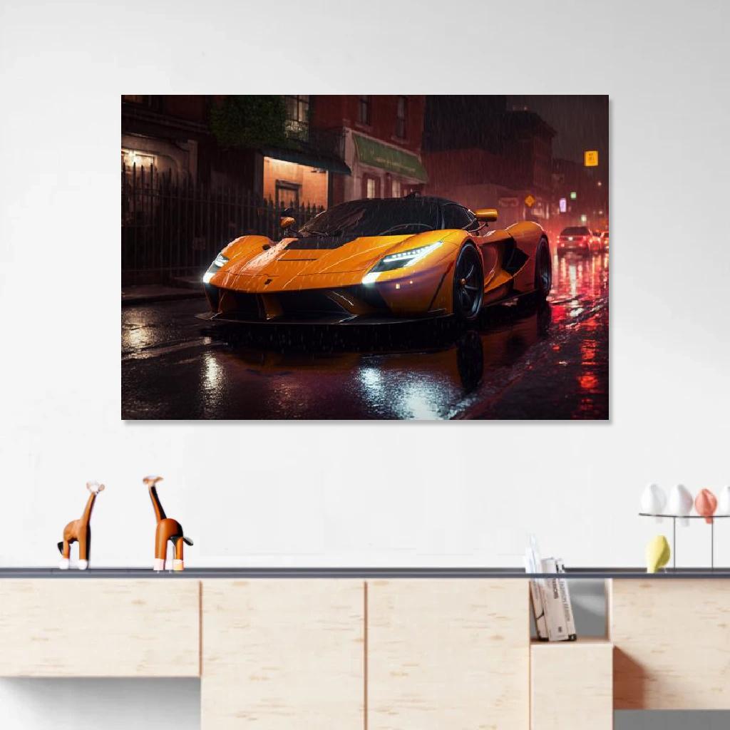Tableau Ferrari Laferrari Nuit Pluvieuse au dessus d'un meuble bas