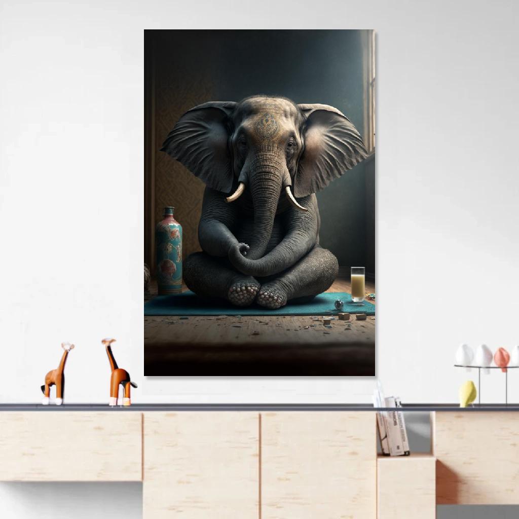 Tableau éléphant Yoga au dessus d'un meuble bas