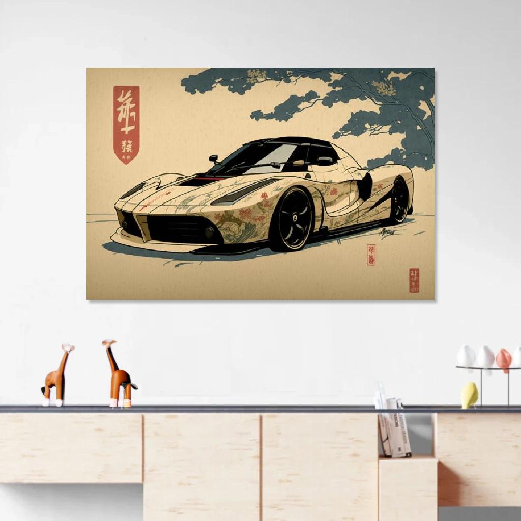 Tableau Ferrari Laferrari Ukiyo-e au dessus d'un meuble bas