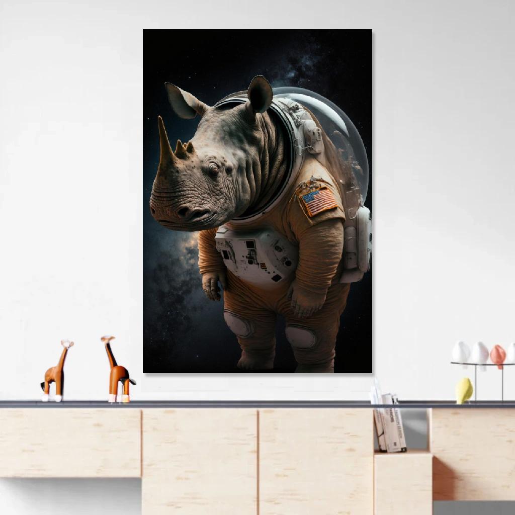 Tableau Rhinocéros Astronaute au dessus d'un meuble bas
