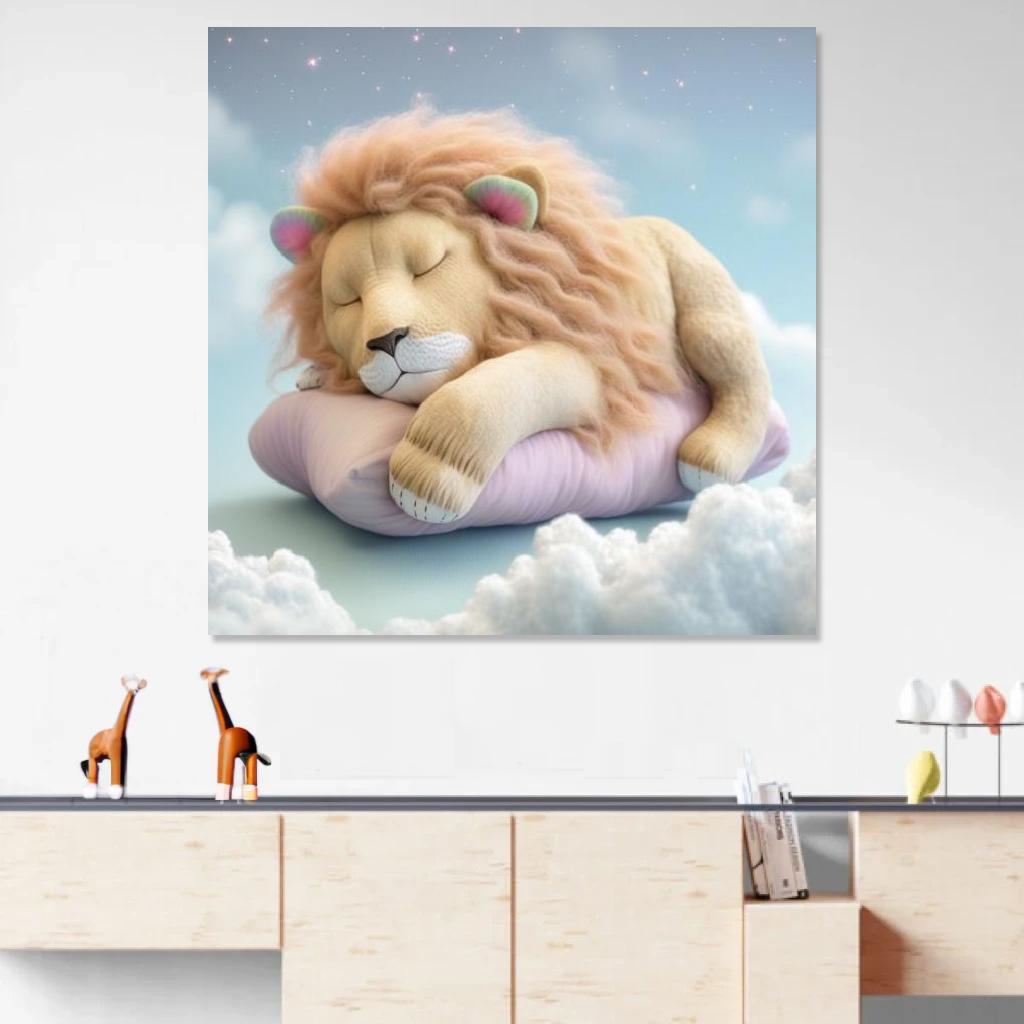 Tableau Lion Endormi au dessus d'un meuble bas