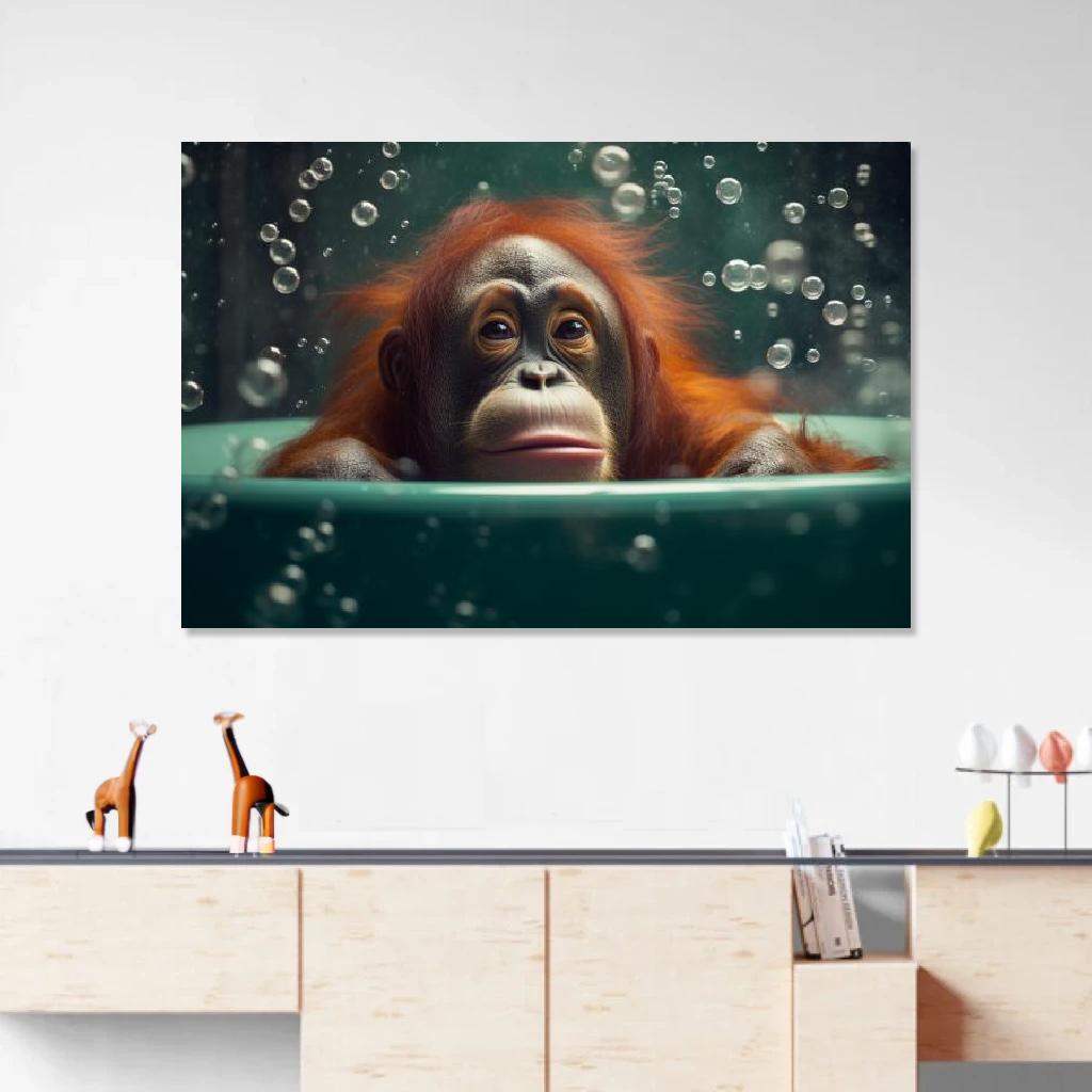 Tableau Orang-outan Dans Son Bain au dessus d'un meuble bas