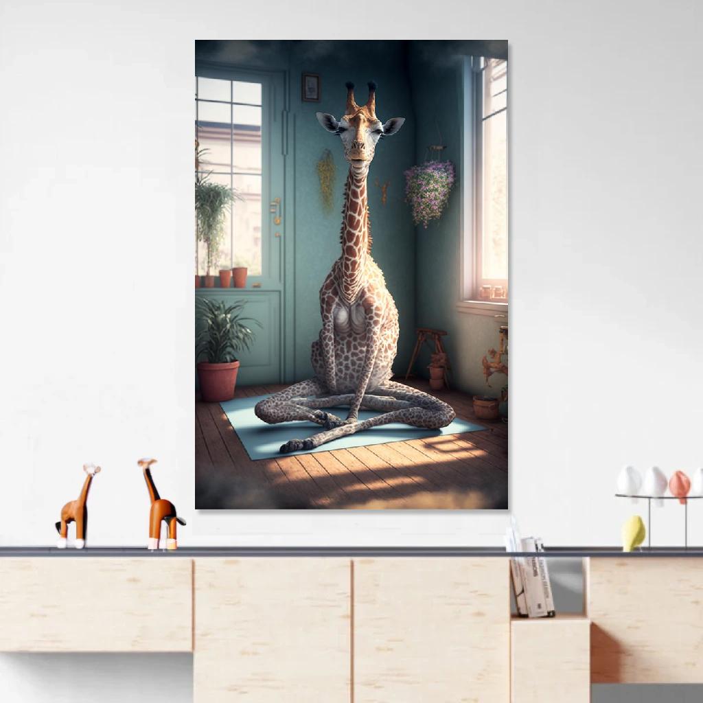 Tableau Girafe Yoga au dessus d'un meuble bas