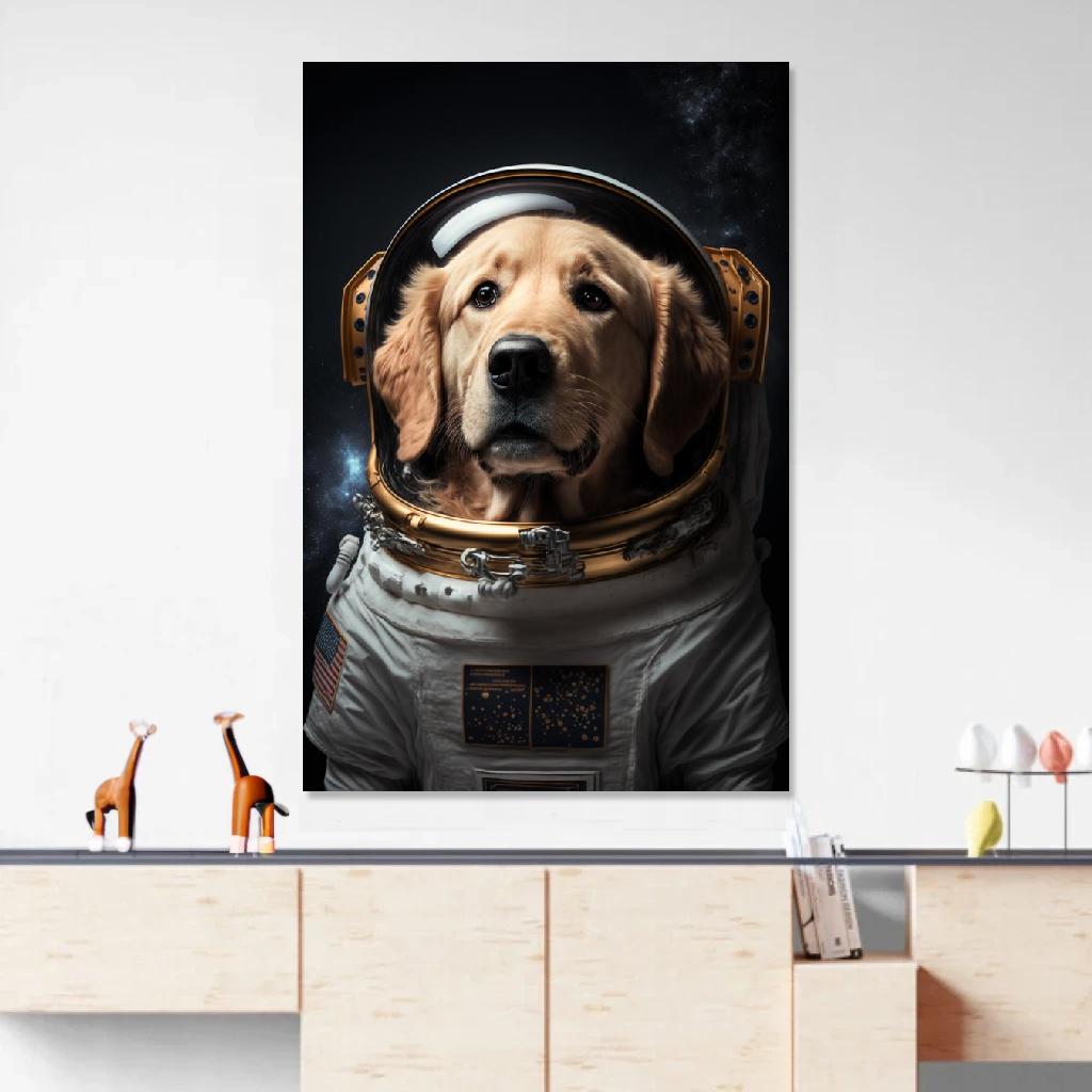 Tableau Golden retriever Astronaute au dessus d'un meuble bas