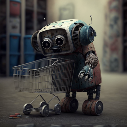 sad robot with a shopping cart